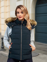 Women's Padded Navy Faux Fur Hood Gilet