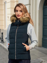 Women's Padded Navy Faux Fur Hood Gilet