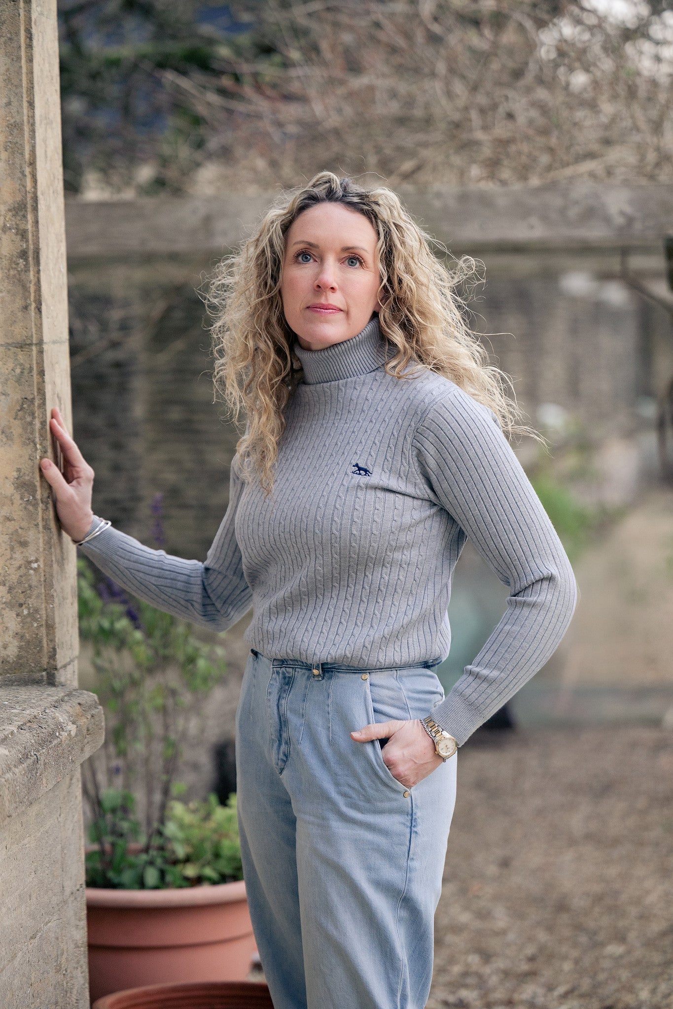 Women's Moonlight Grey Unisex Hudson Bay Roll Neck Cable Knit Jumper