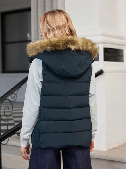 Women's Padded Navy Faux Fur Hood Gilet