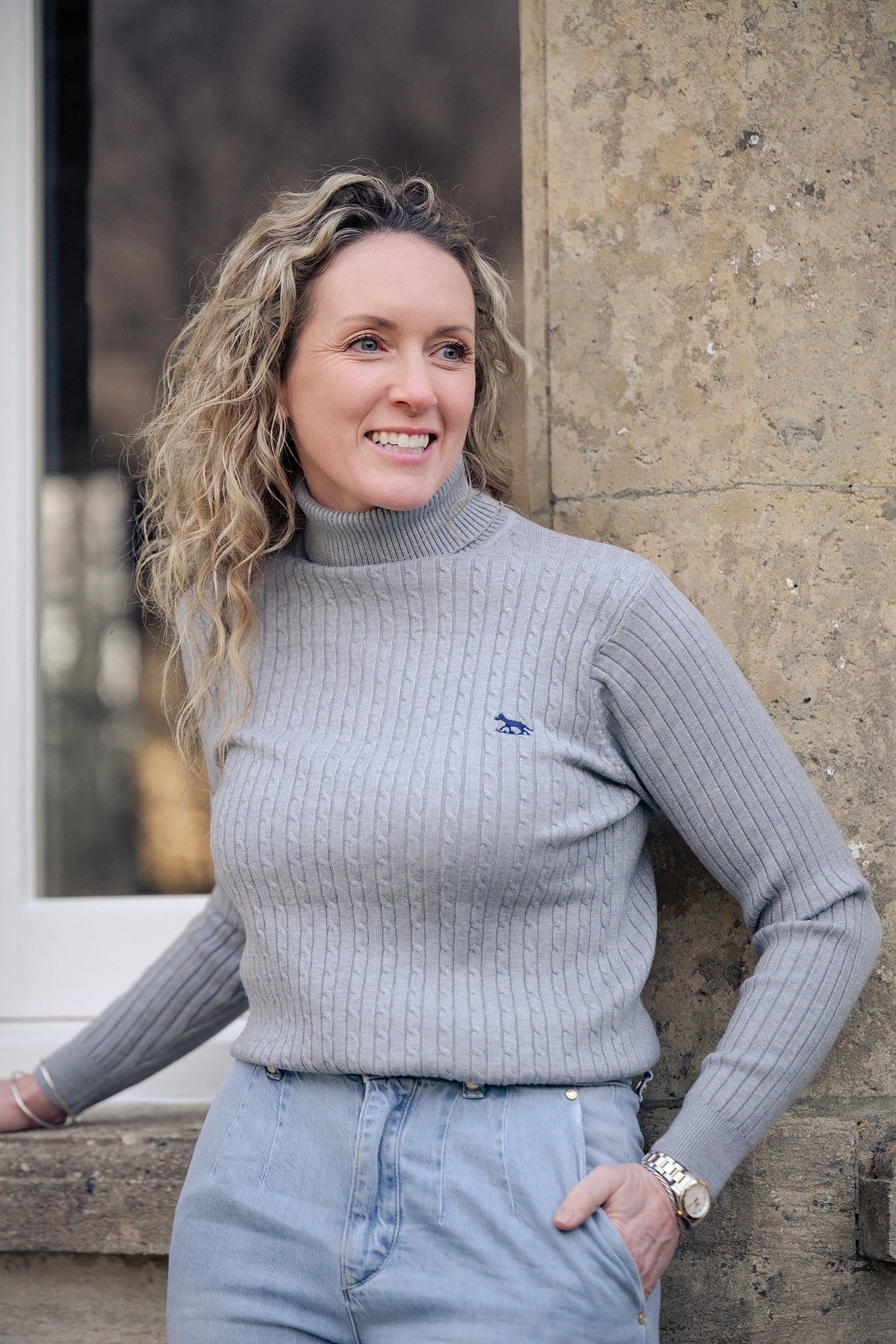 Women's Moonlight Grey Unisex Hudson Bay Roll Neck Cable Knit Jumper