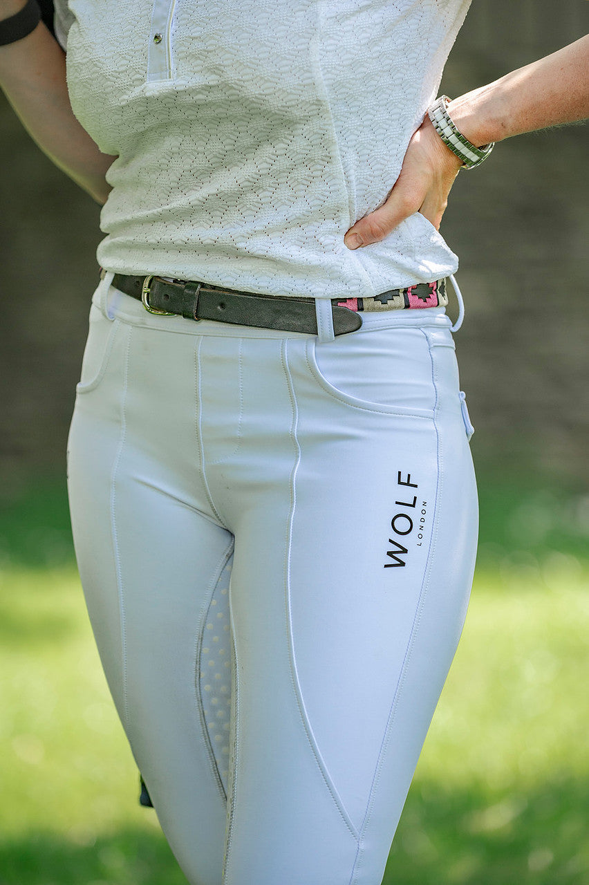 Front view white competition full seat riding legging