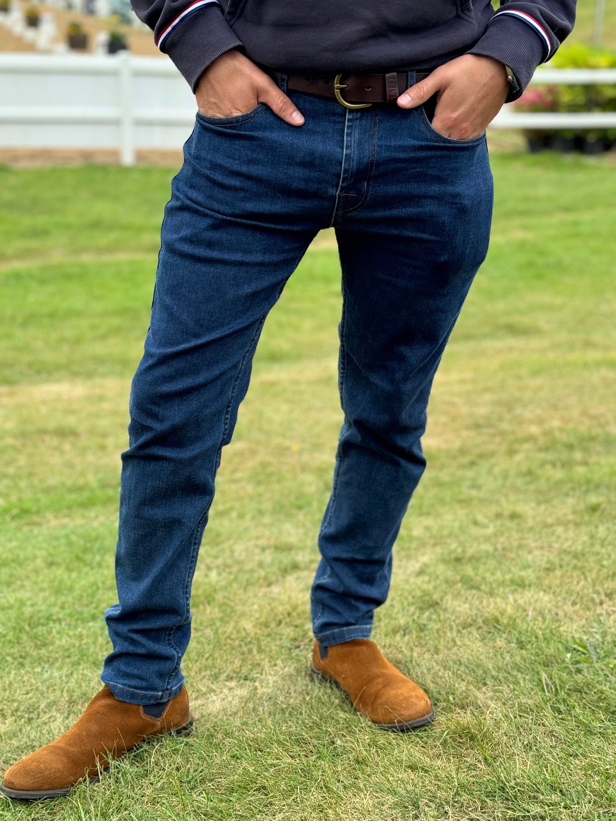 Men Navy Slim Cut Designer Jeans Front View