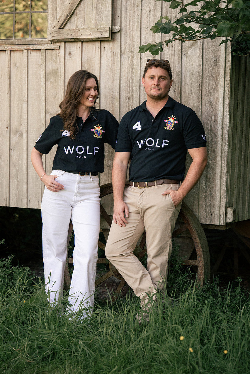 Men and Women's Black Polo Shirt front side view 