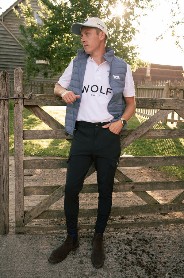 Men's Black Cargo Breeches Front View from Wolf Equestrian with Padded Wolf Gilet