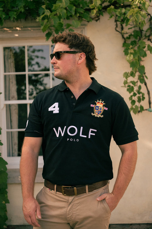 Men's Black Wolf Polo Shirt Front View 