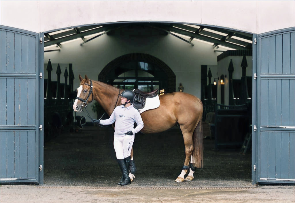 Men's White Competition Breeches front view with horse for male horse riders