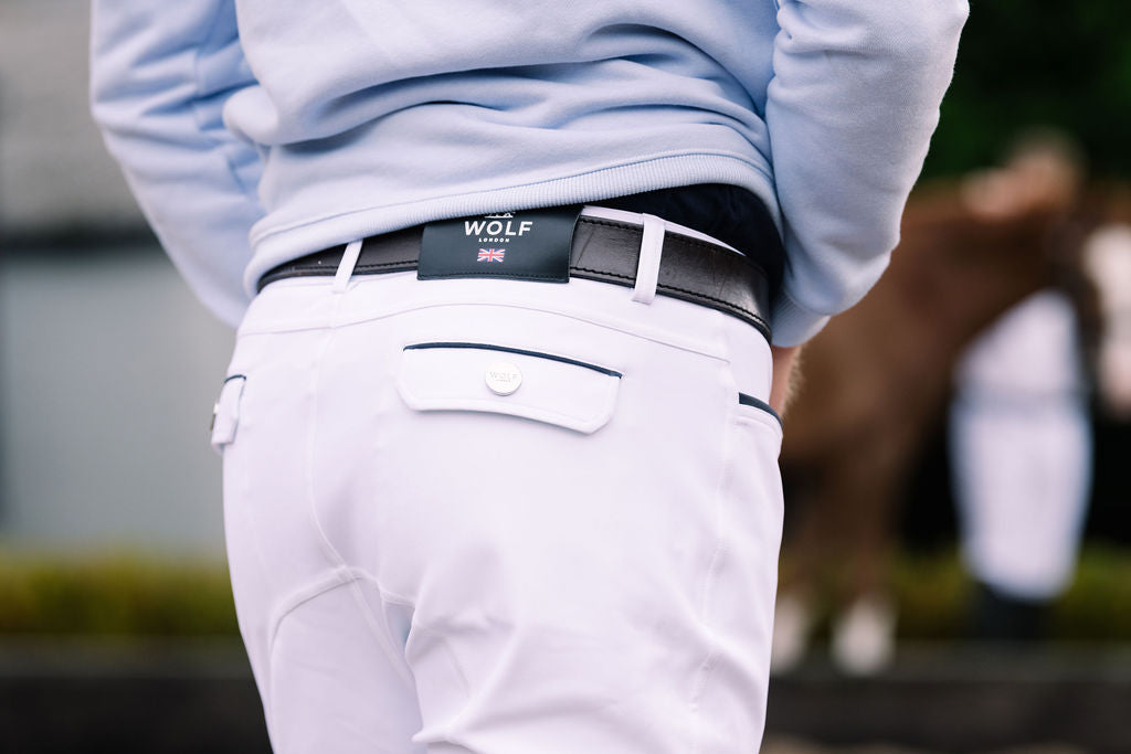 Men's White Competition Breeches with leather belt loop
