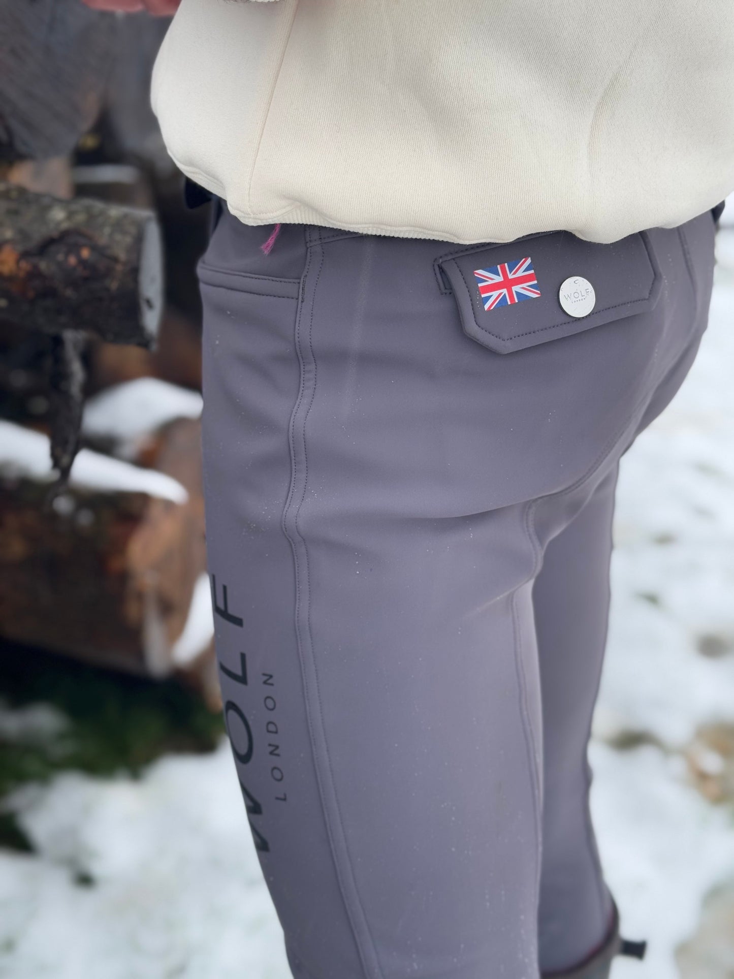 Men's grey breeches side back view