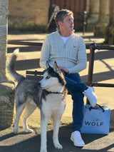 Men's grey cable knit jumper front view with Siberian Husky