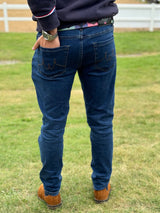 Men's navy stretchy jeans back pocket view