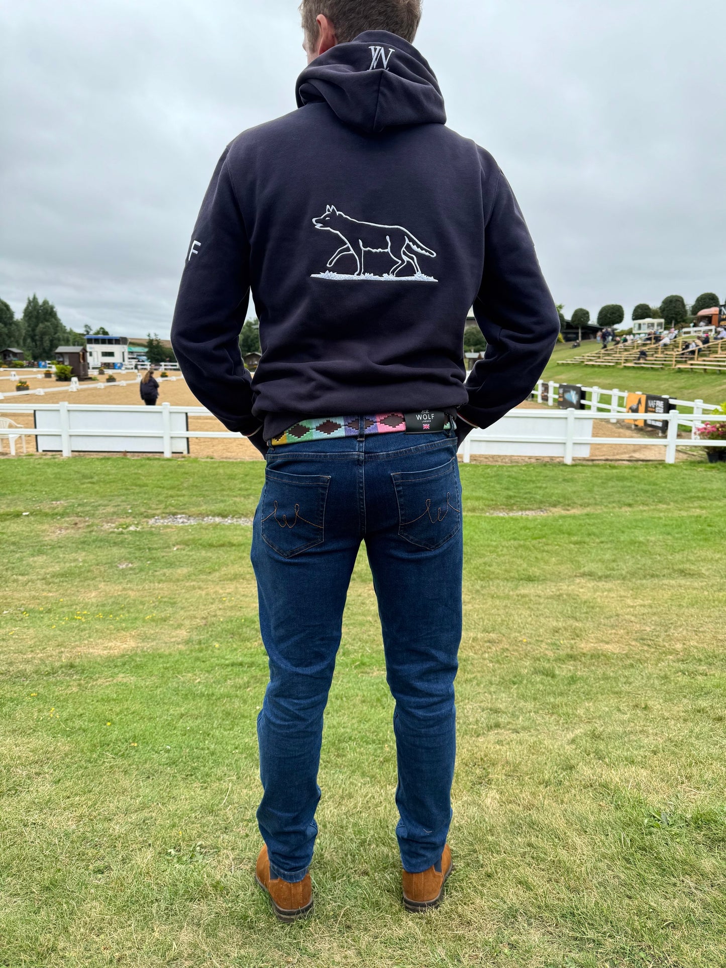 Men's slim cut fitted jeans back view and heavy weight Wolf Hoodie