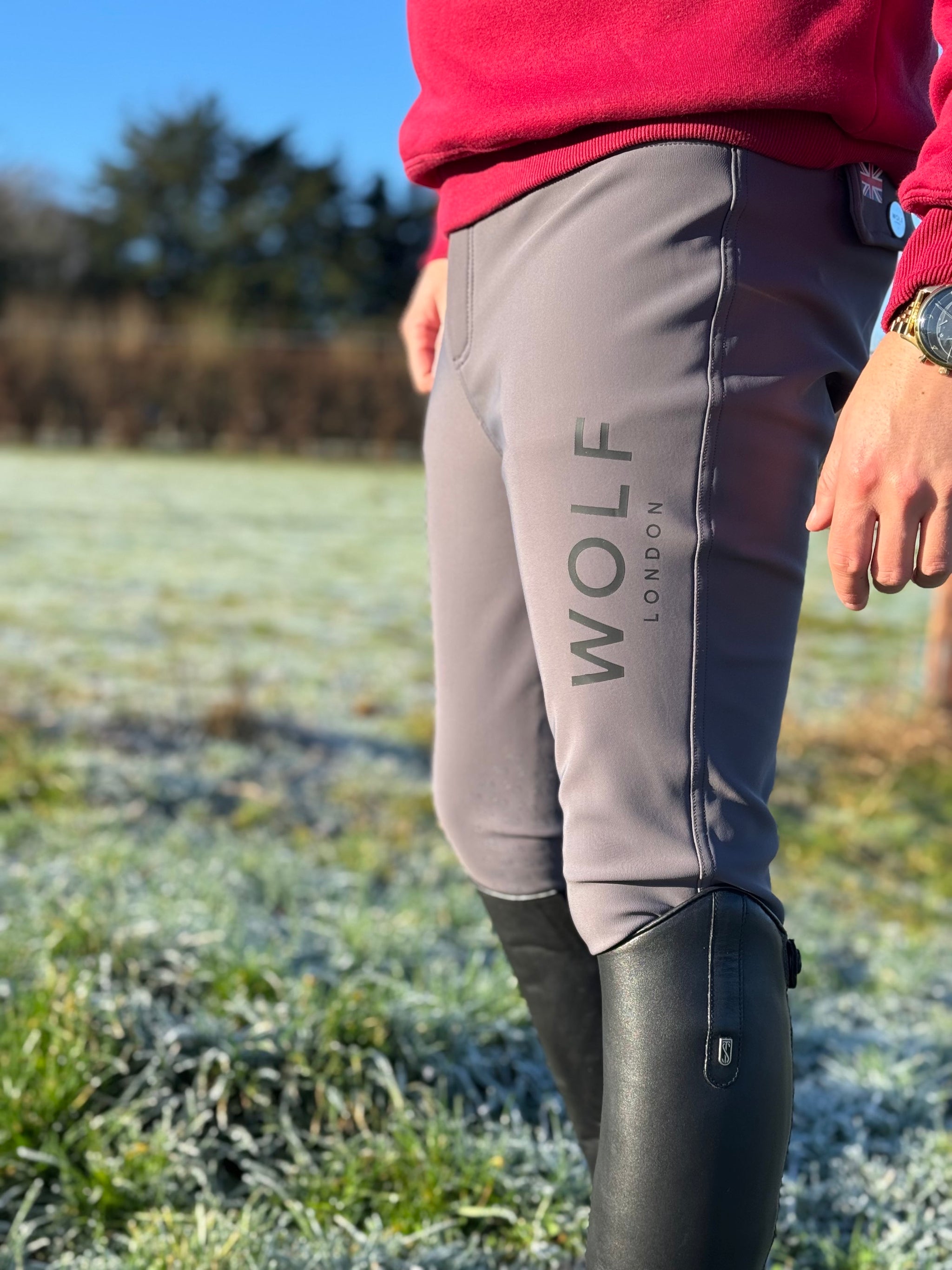 Wolf Equestrian Men's grey breeches side view