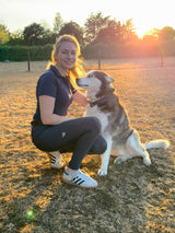 Wolf Equestrian Grey Riding Leggings with Full Silicone Seat and 4 way stretch side view with a husky in a field