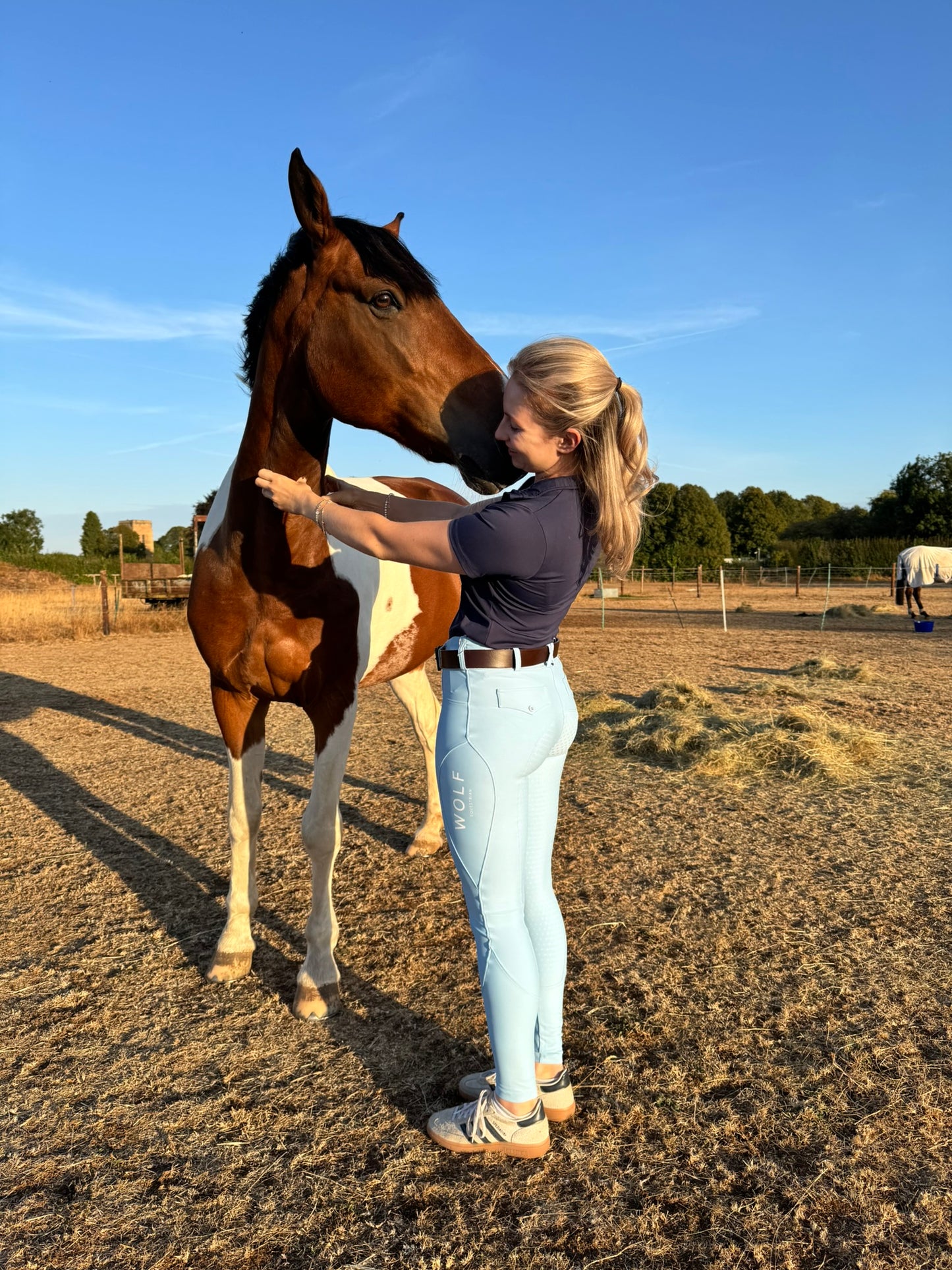 Wolf Equestrians Women's Blue Four Way Stretch Riding Leggings Back View