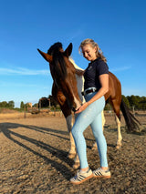 Wolf Equestrians Women's Blue Four Way Stretch Riding Tights Side View 