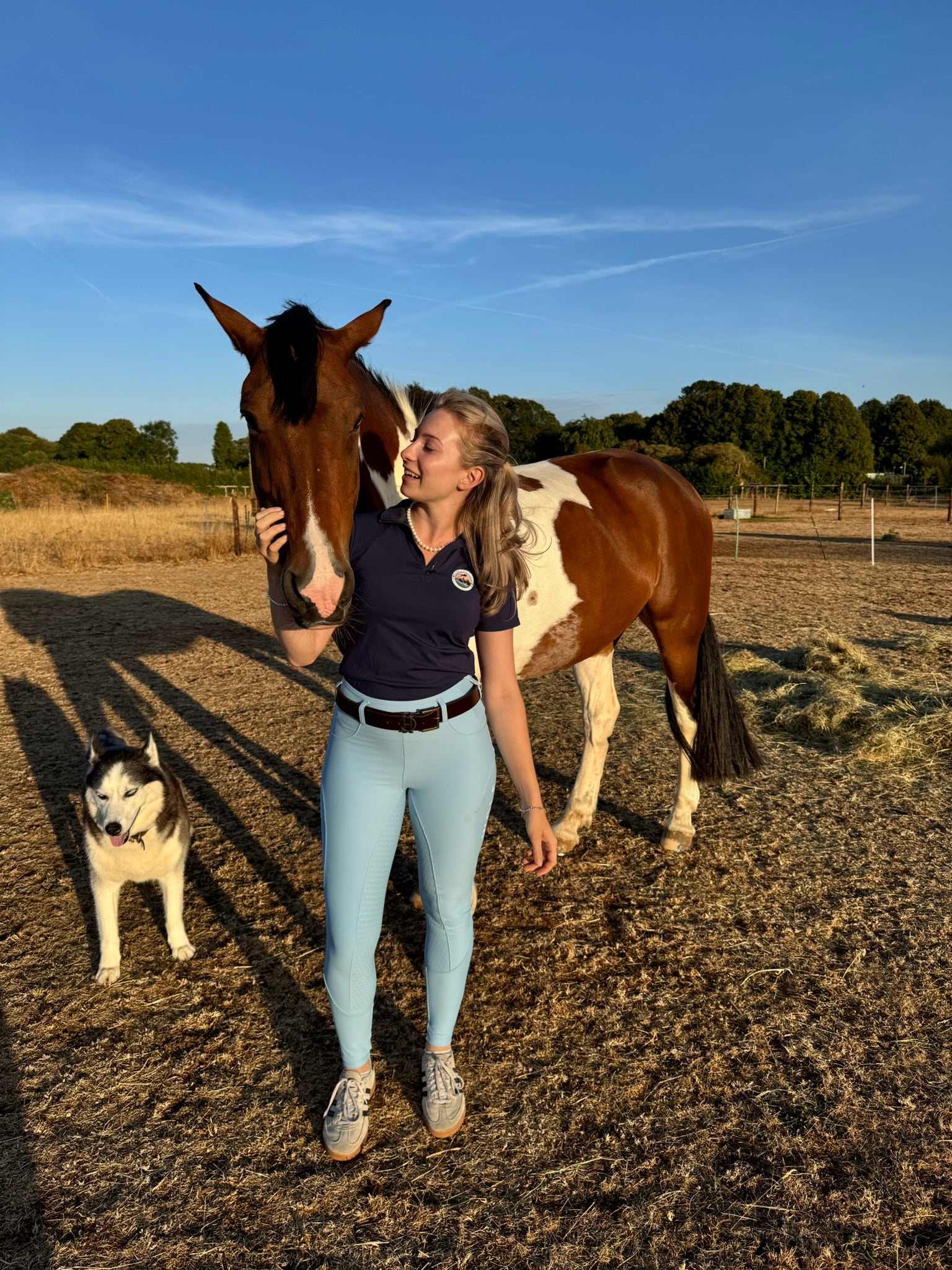 Wolf Equestrians Women's Blue Four Way Stretch Riding Tights with Husky and Horse in photo