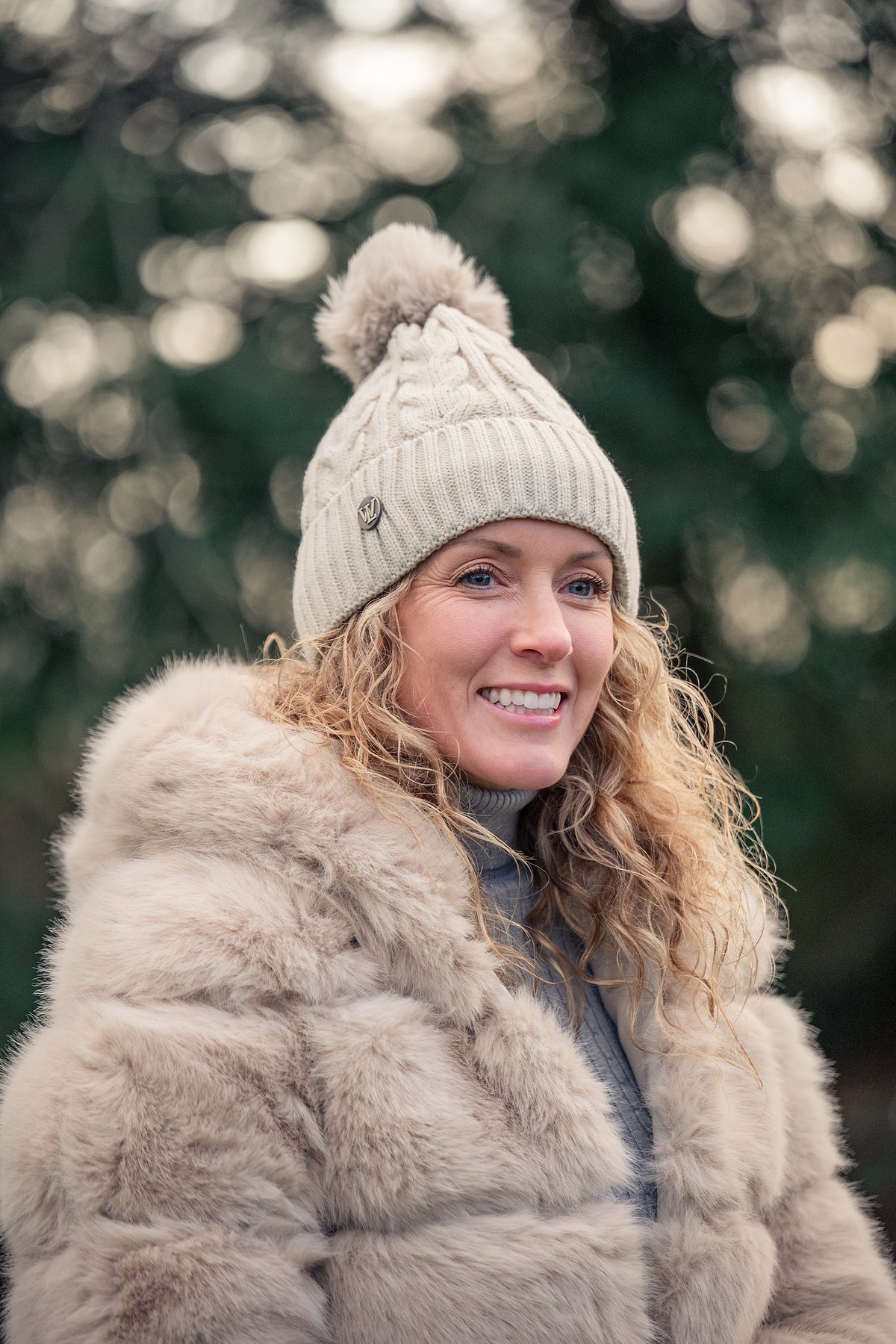 Women's Beige Faux Fur Coat with Beige Faux Fur Hat 