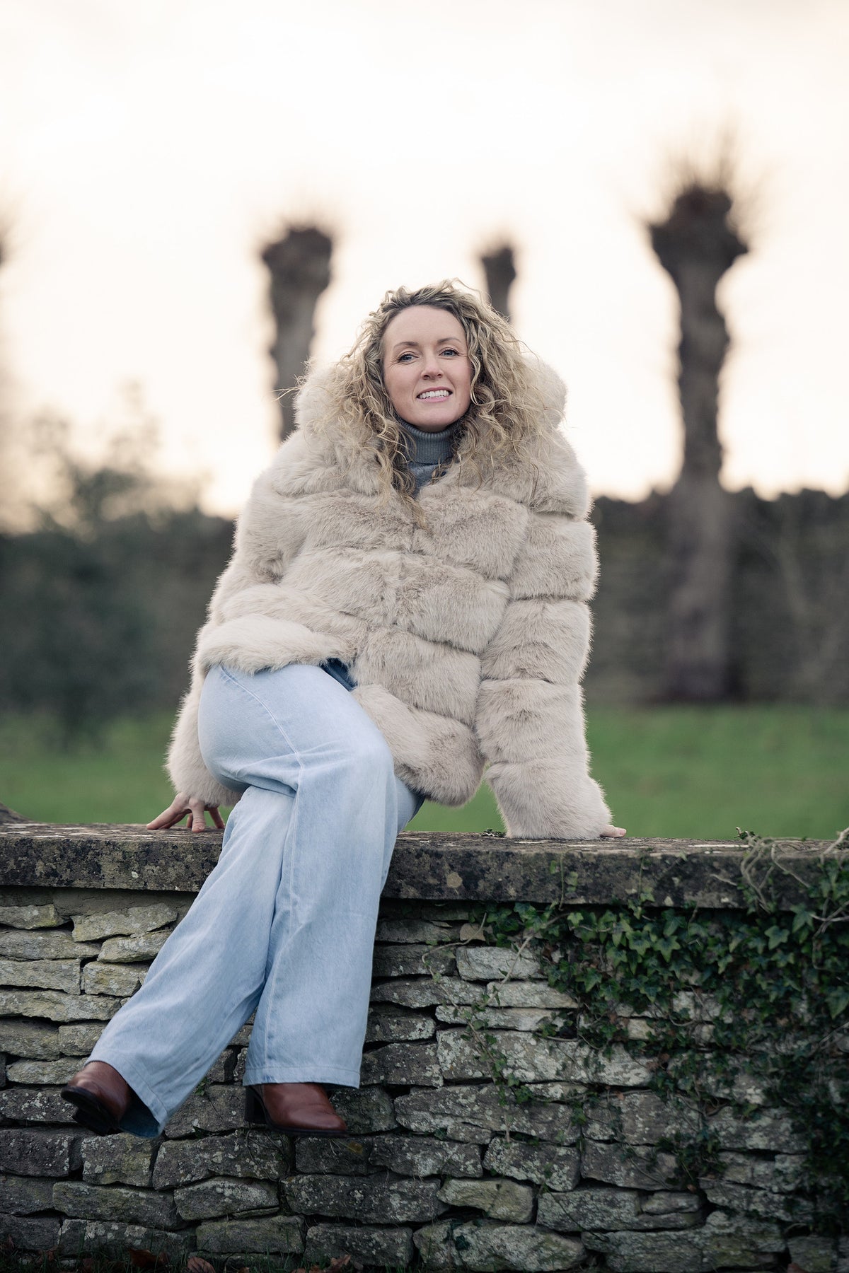 Women's Beige Faux Fur Coat with Hood