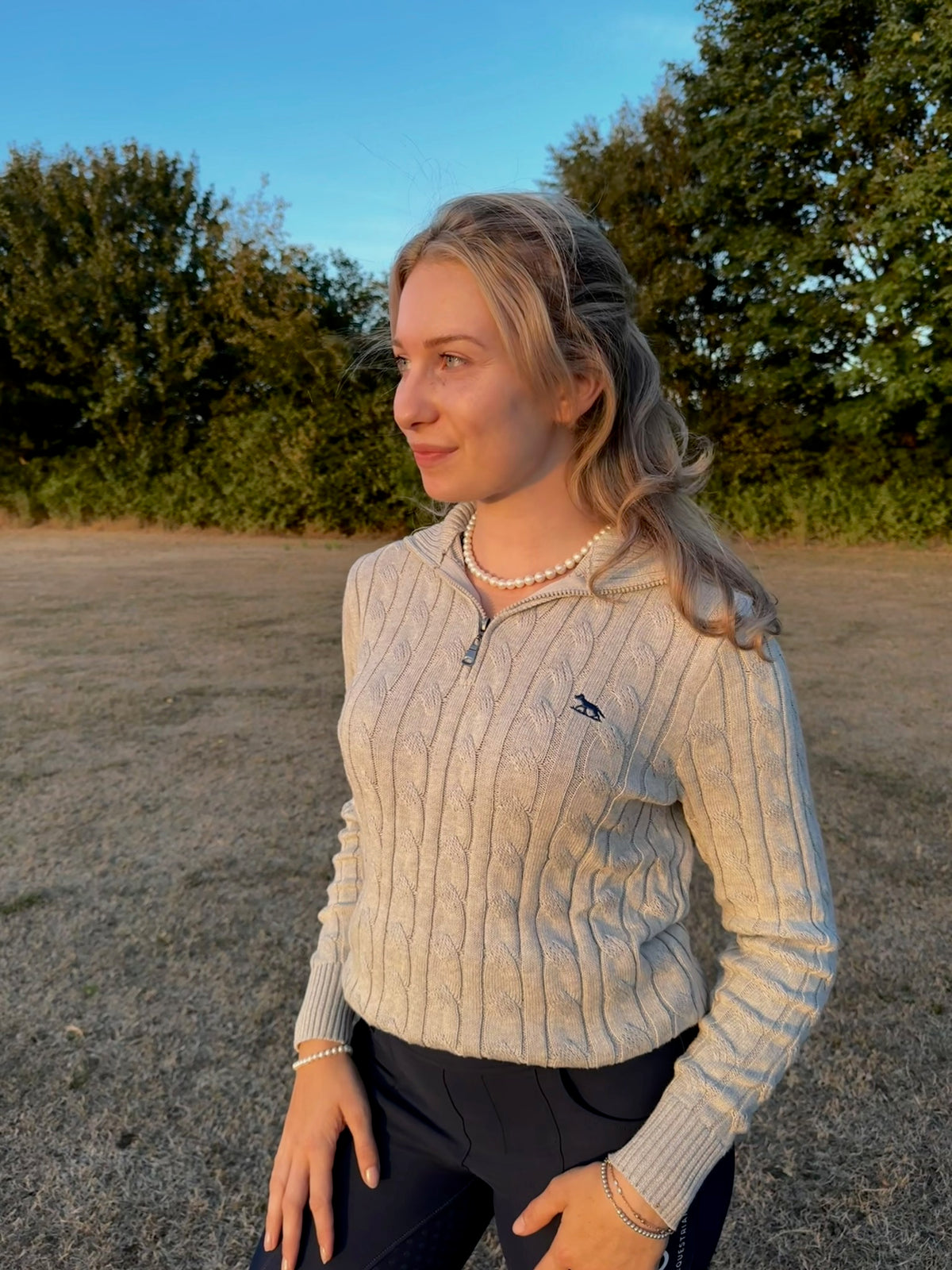 Women's Grey Cable knit Quarter Zip Jumper Front View
