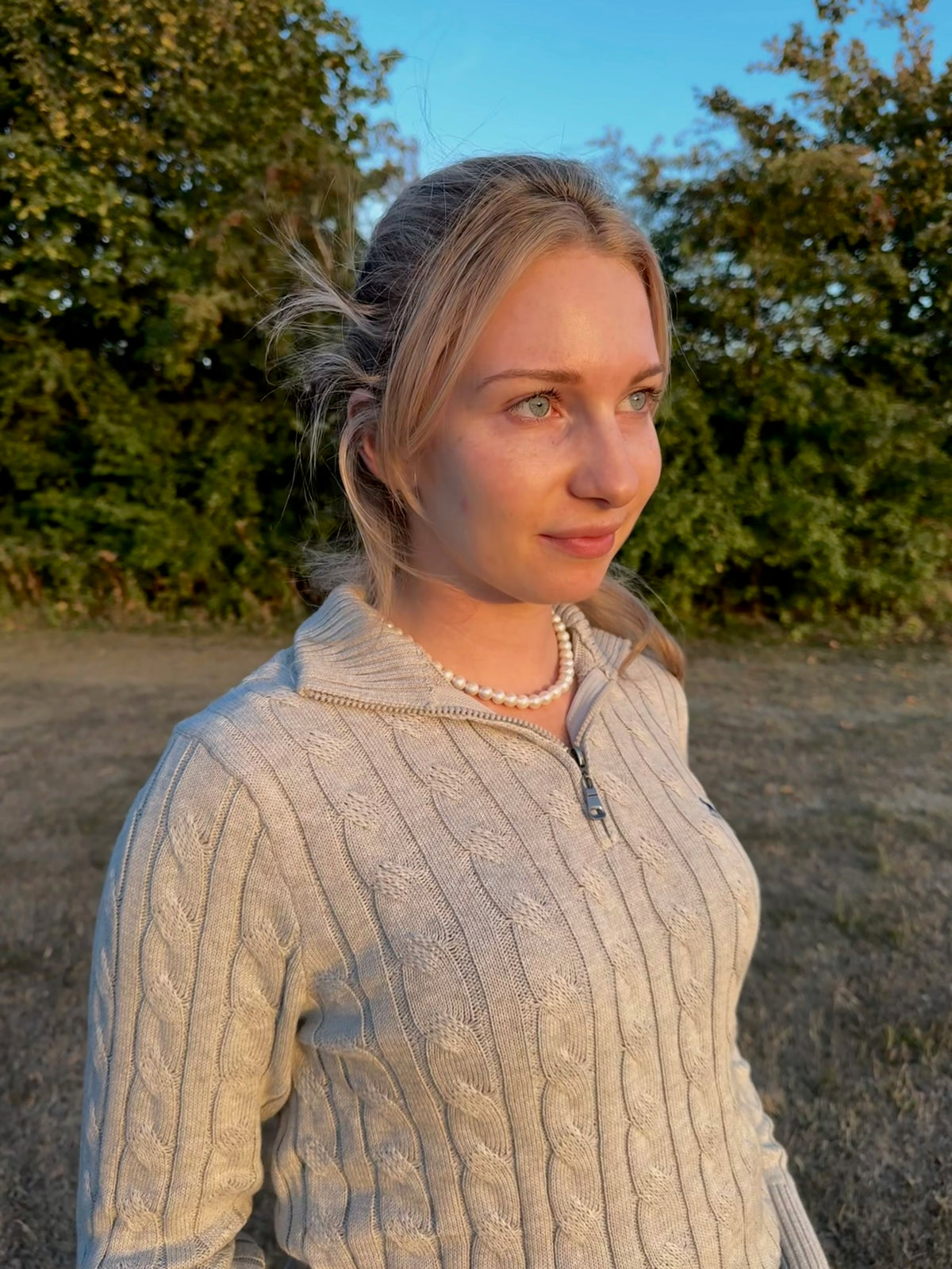 Women's Grey Cable knit Quarter Zip Jumper Side View