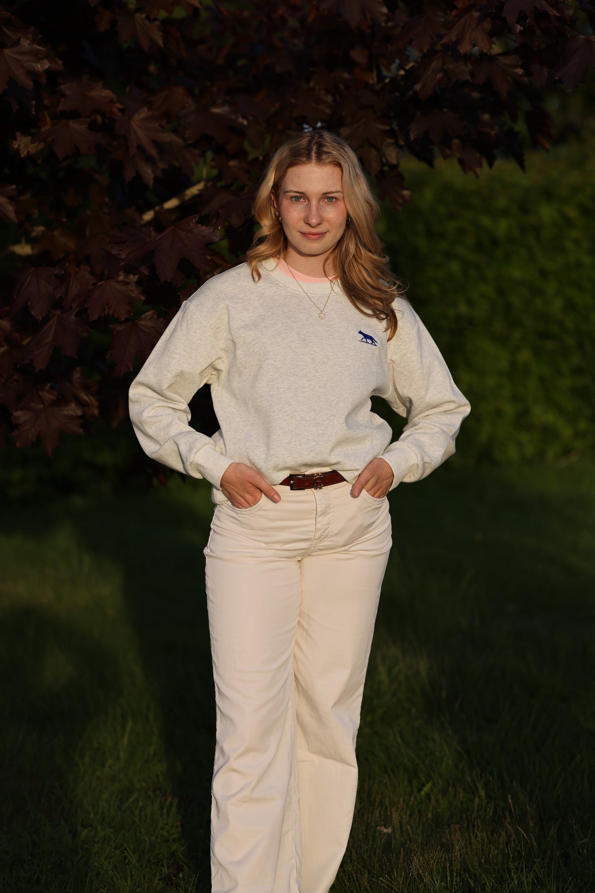 Women's Grey Crewneck French Terry Cotton Jumper with Royal Blue Logo