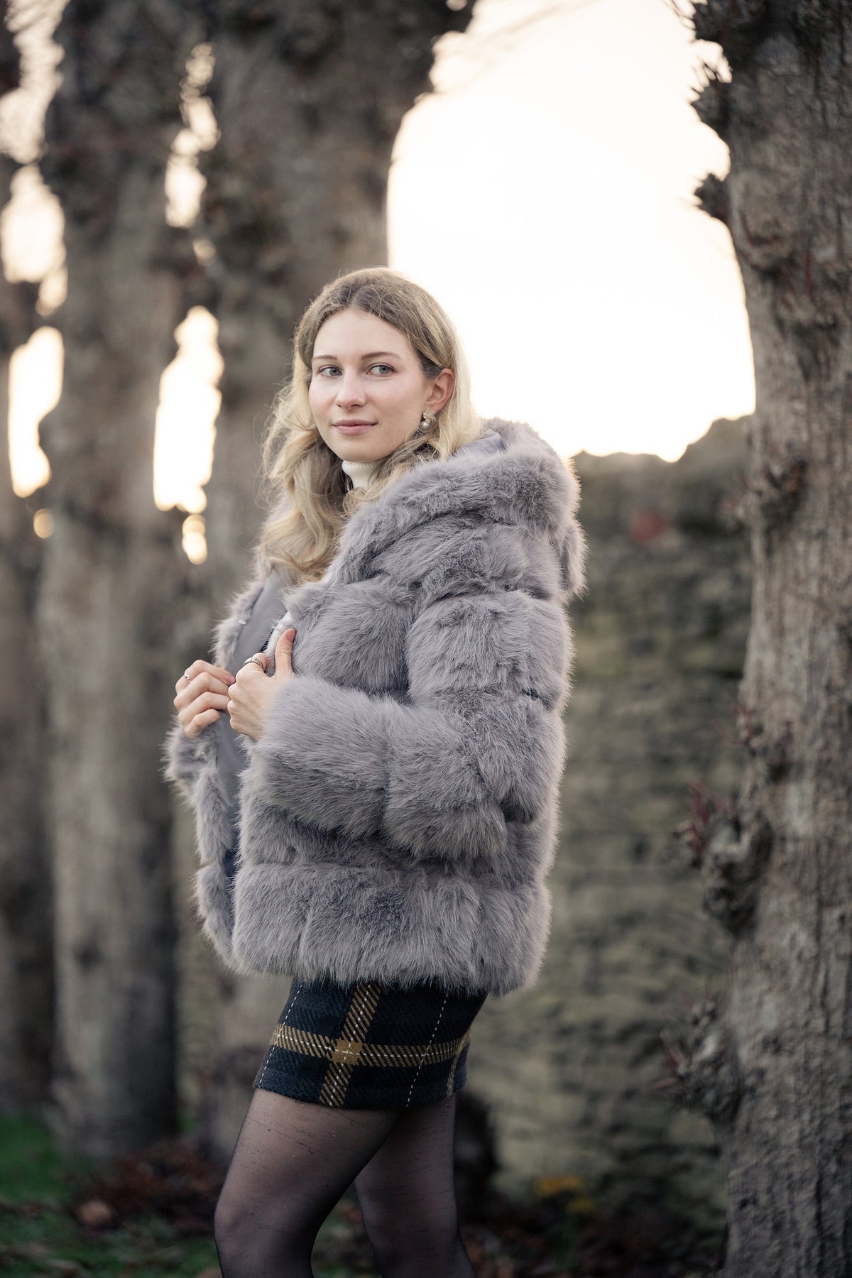 Women's Grey Faux Fur Coat 