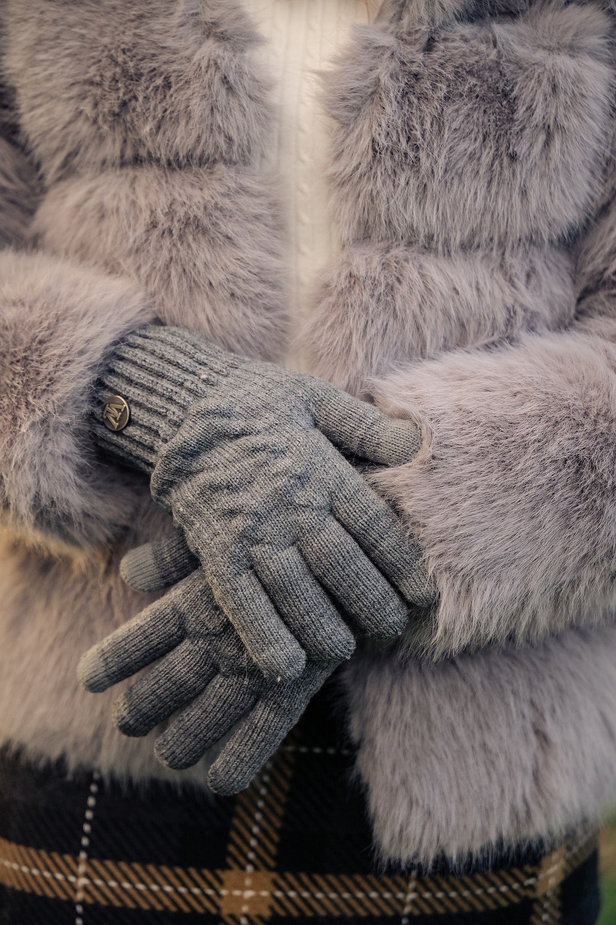 Women's Grey Faux Fur Coat with Grey Gloves 