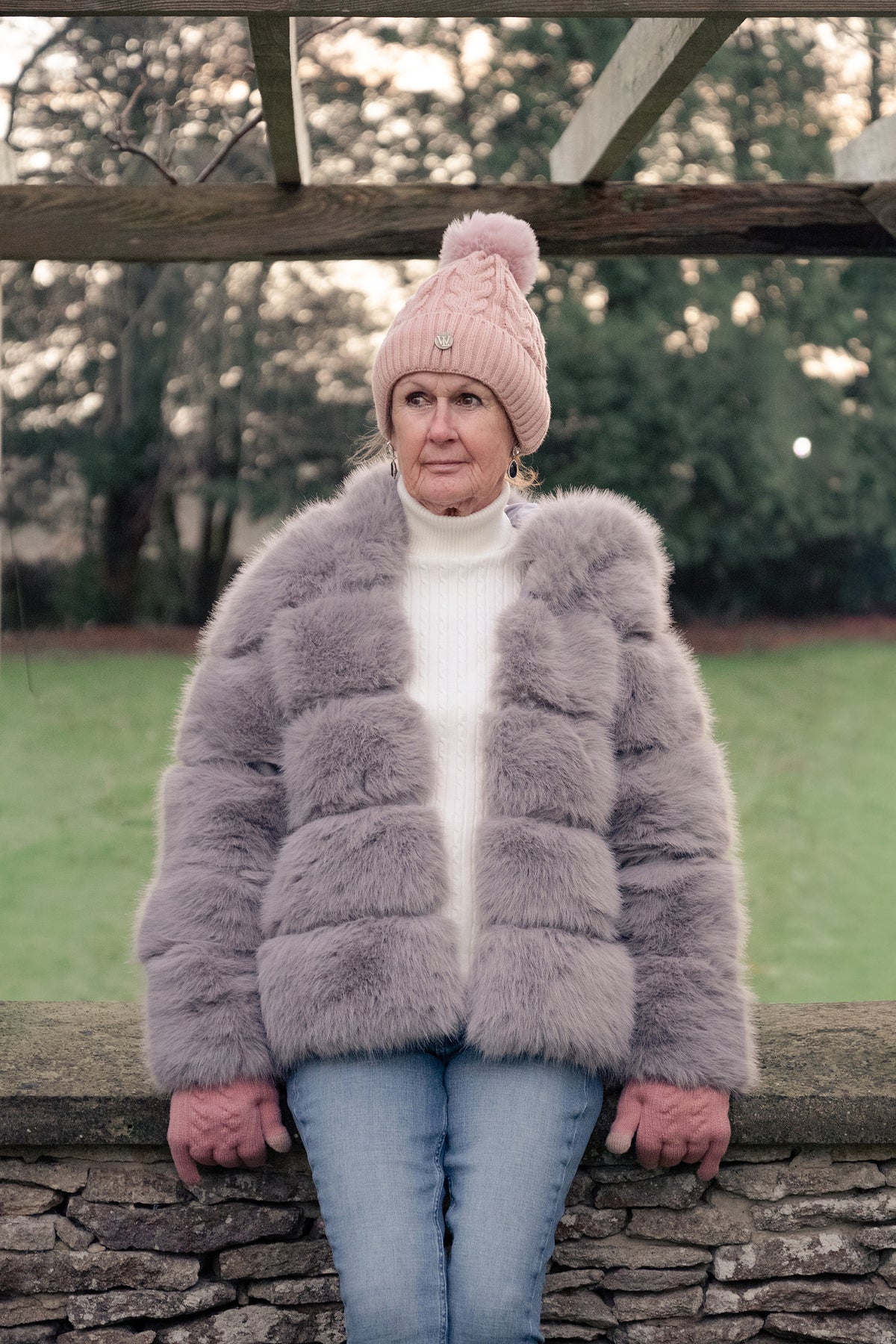 Women's Grey Faux Fur Coat with Pink Faux Fur Hat 