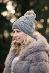 Women's Grey Faux Fur Coat with Hood and Faux Fur Grey Hat