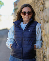 Women's Navy Duck Feathered Padded Gilet Front View with Wolf Logo 