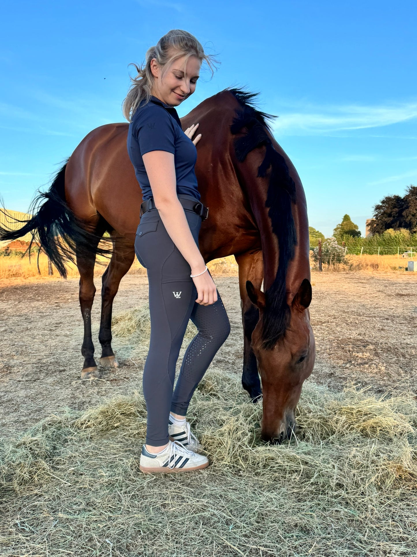 Women's Navy Grey Full Seat Horse Riding Tights Side View